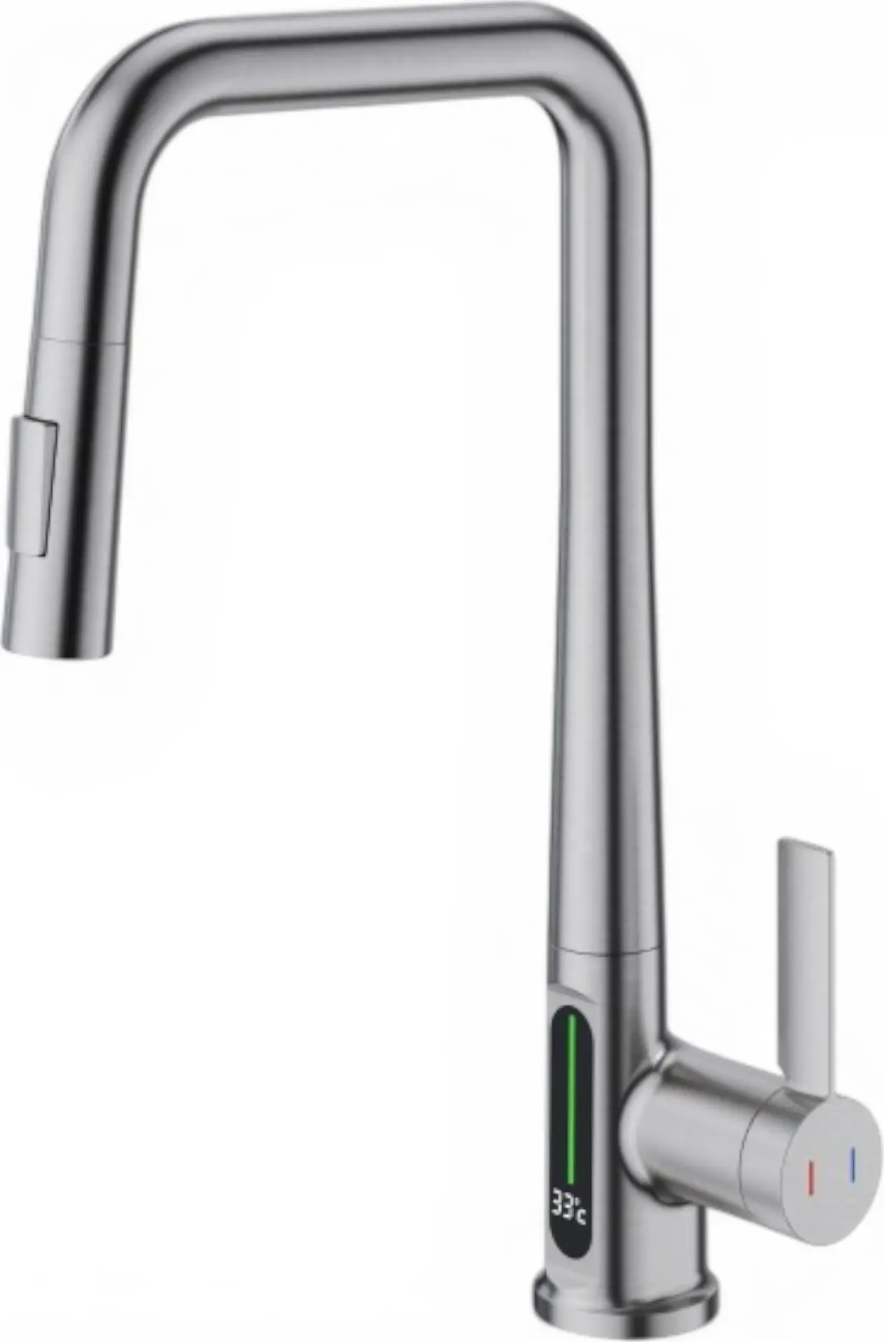 Backer LEX 3528 Kitchen Faucet, Metal Zinc Alloy and SS304, Satin Finish, LED Temperature Display, Retractable Spray Head, 2 Flow Modes, 2 Connections