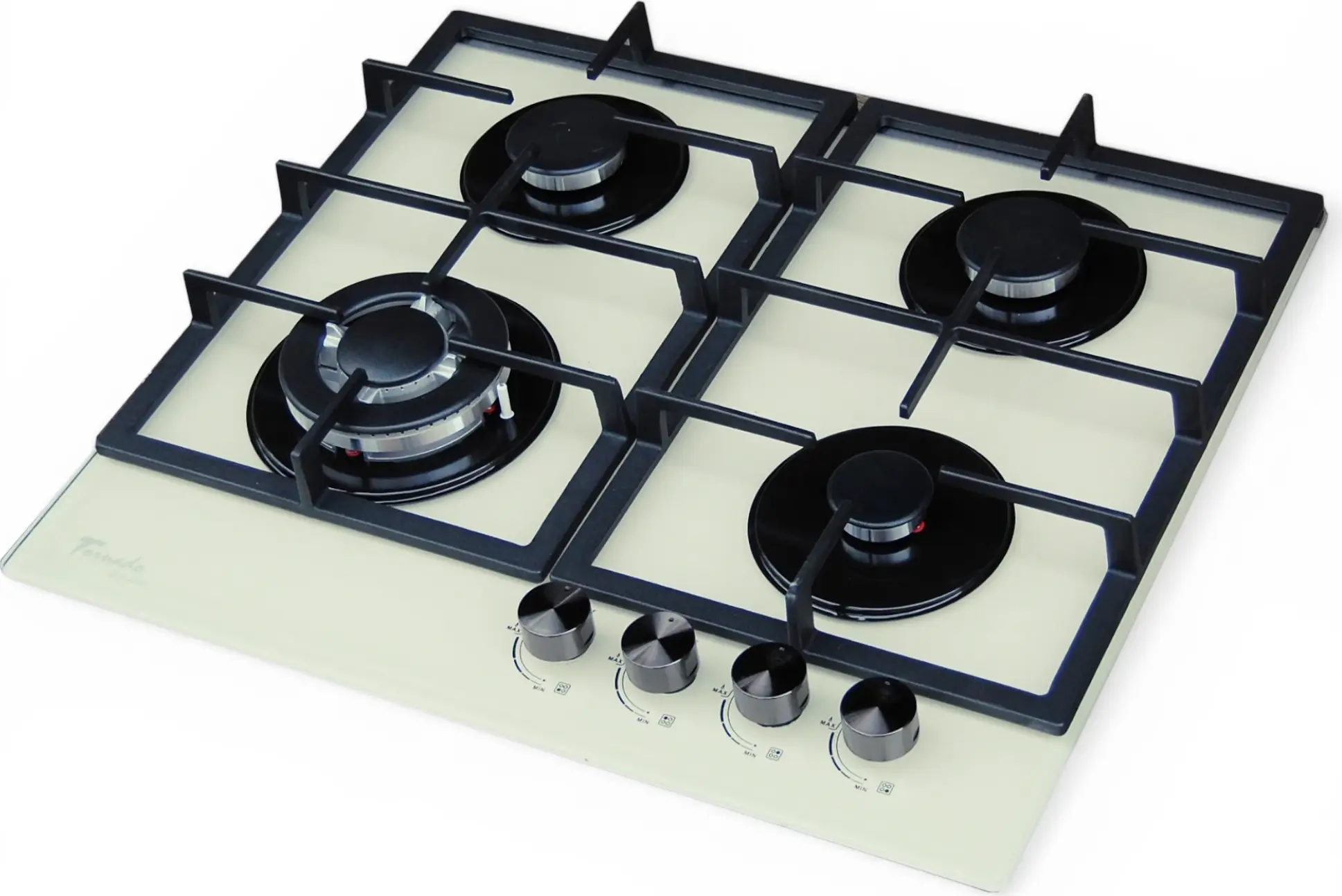Tornado H59-4006B Eco Built-in Gas Hob, 60 cm, 4 Burners including Turbo WOK, Ivory Tempered Glass, Cast Iron Grates, Automatic Ignition