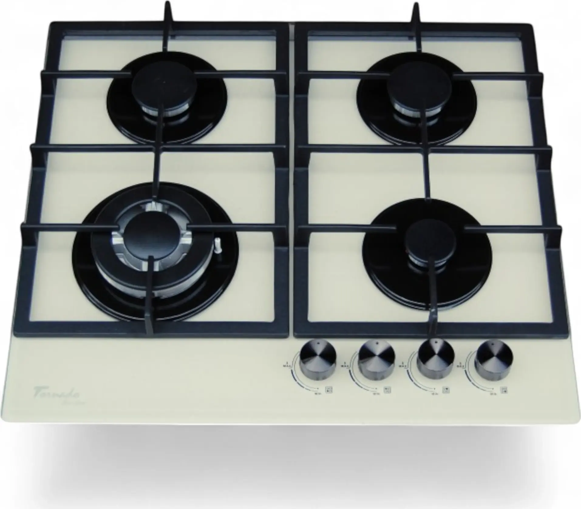 Tornado H59-4006B Eco Built-in Gas Hob, 60 cm, 4 Burners including Turbo WOK, Ivory Tempered Glass, Cast Iron Grates, Automatic Ignition