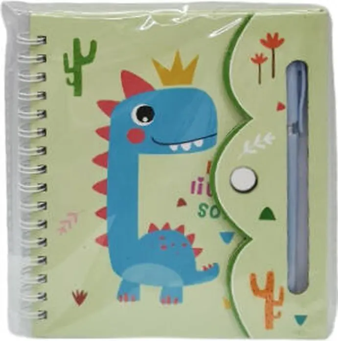 Set de 2 piese Notebook și Pix, Legare cu Spirală, Copertă Verde Deschis cu Design Desen Animat Dinosaur Albastru cu Coroană, Include 1 Pix Albastru