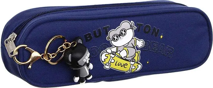 Husa pentru creioane Cool Bear, Organizator Scolar din Material Rezistent, Albastru, cu Ursul Desen Animati pe Skateboard, Compartimente Multiple, 20x10x5 cm