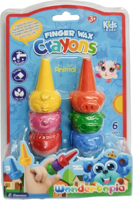 publishes Wonderbopia Creioane de Ceară pentru Degete cu Animale, Set de 6 Culori, Lavabile, Ștergibile, Non-toxice, pentru Copii 3+ ani