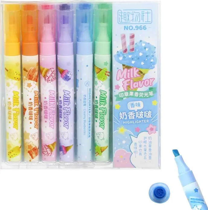 Set de 6 Evidenziatoare cu Stampila și Arome Milk Flavor NO.966, Cerneala pe Baza de Apa Non-toxica, Varf Beitel pentru Jurnale și Postere