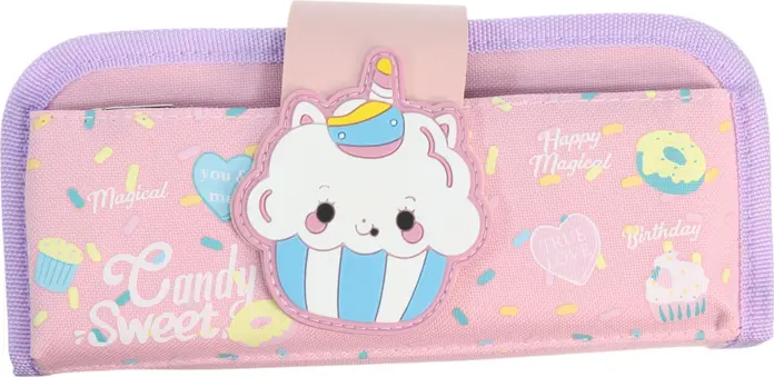 Husa pentru creioane Unicorn Cupcake, Organizator de papetarie scolar, Roz și Purpuriu, cu Patch 3D și modele Candy Sweet, Închidere cu clapeta