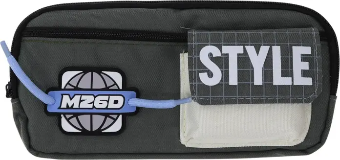 Husa pentru creioane school M26D, Gri cu patch STYLE si logo cu glob, Inchidere cu fermoar si accente albastru deschis