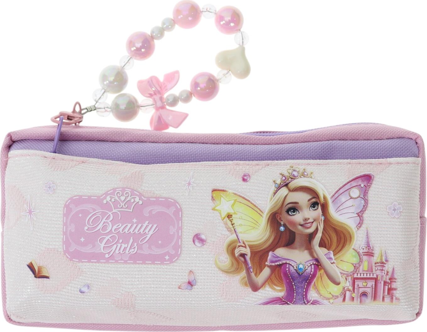 Husa pentru creioane Beauty Girls Fairy Princess pentru scoala, cu fermoar si brevet cu margaritare, design roz și purple