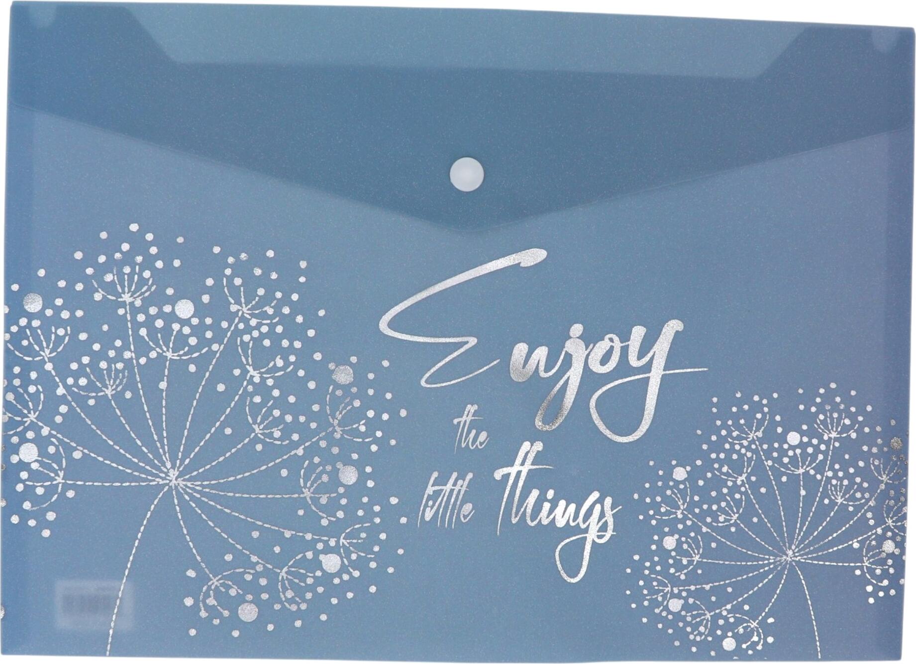A4 Plastic Stationery Folder with Button Closure, Color: Blue with Dandelion Graphics and Enjoy the Little Things Text