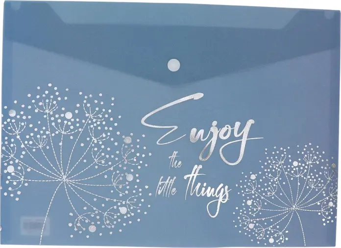 A4 Plastic Stationery Folder with Button Closure, Color: Blue with Dandelion Graphics and Enjoy the Little Things Text