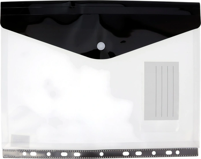 A4 Plastic Button Folder, Transparent Document Organizer with Black Top Flap, Snap Button Closure, Punched Edge for Binder, Integrated Label Area