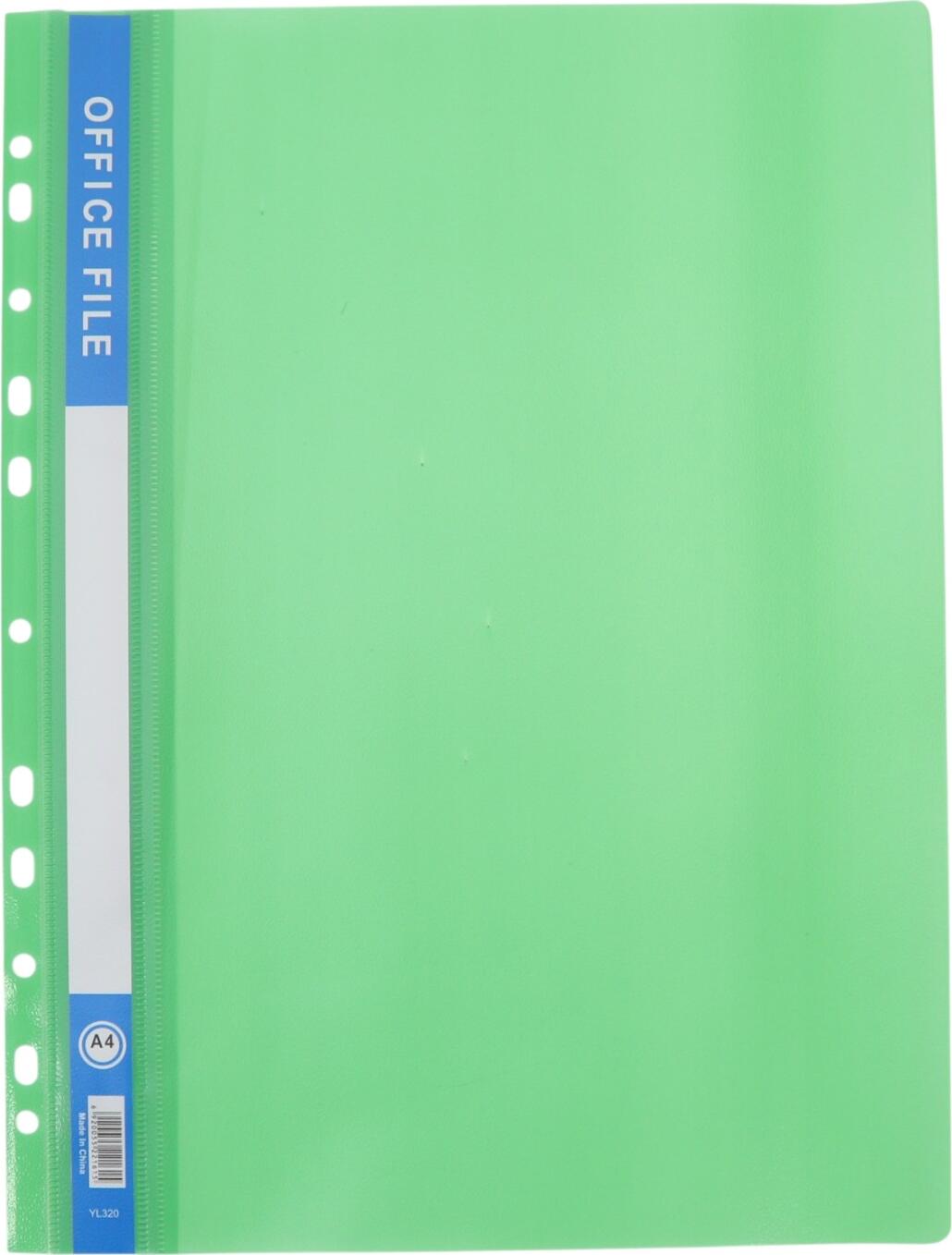 A4 File Folder YL320, Green Plastic Polypropylene, Perforated Edge for Binder Compatibility, OFFICE FILE Spine Marking