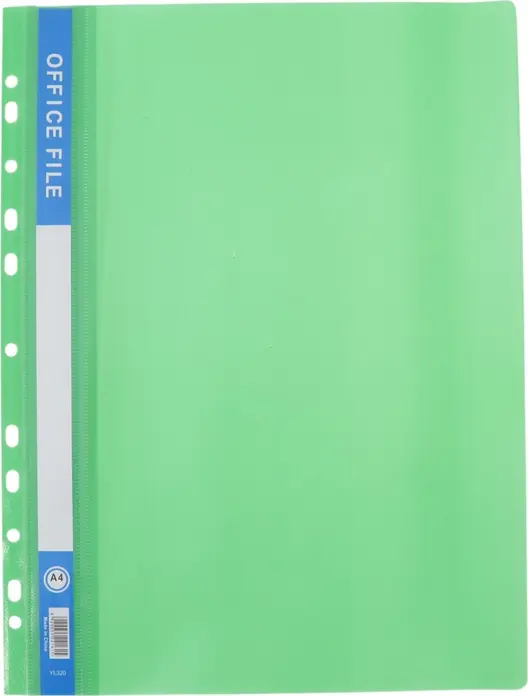 A4 File Folder YL320, Green Plastic Polypropylene, Perforated Edge for Binder Compatibility, OFFICE FILE Spine Marking