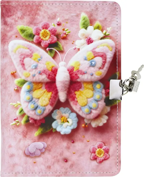 Carnet cu lacat Model Fluture, Coperta din Pluș Roz cu Decor 3D Fluture și Flori, Include Cheie