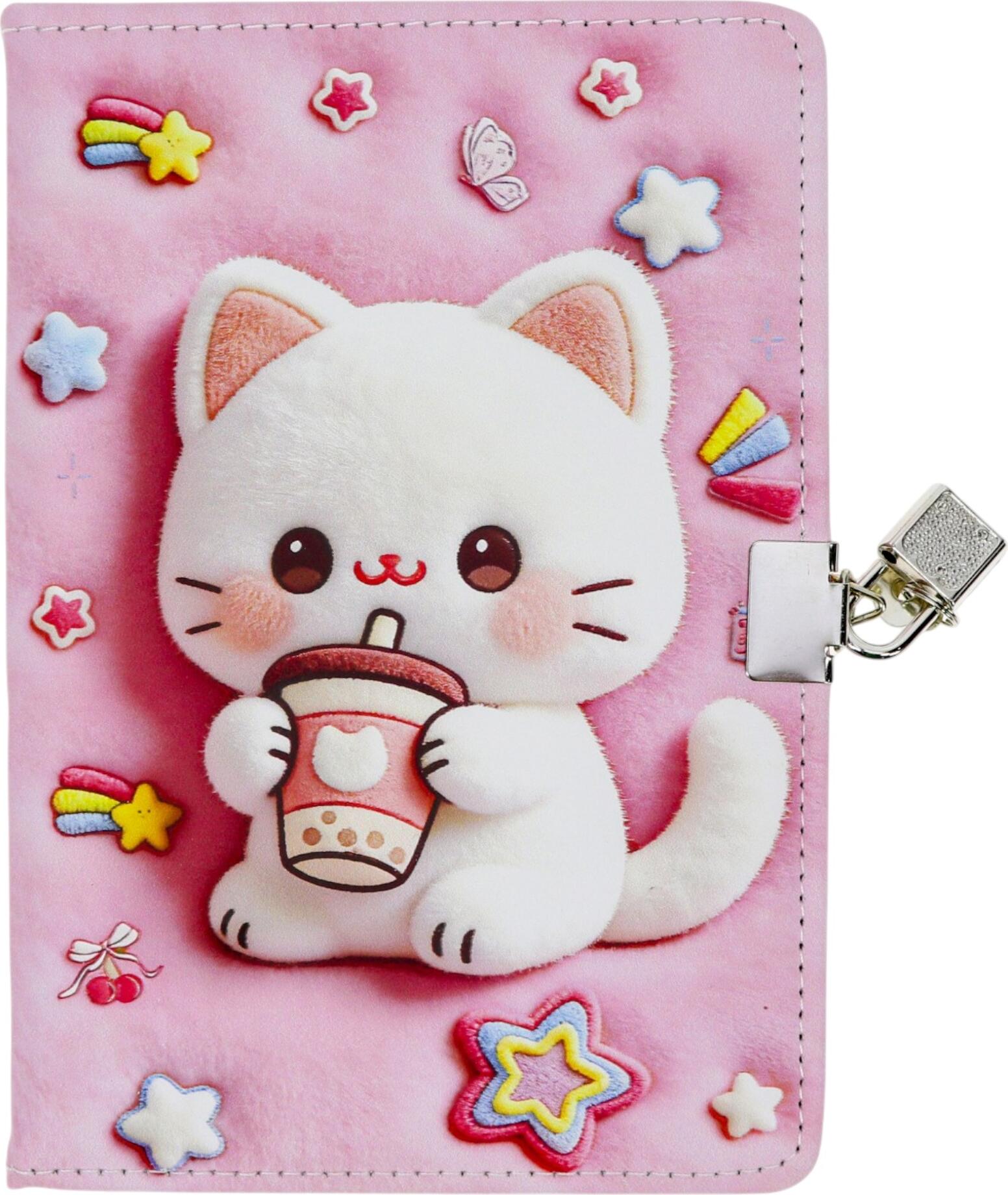Carnet Plush cu Lacat Metalic si Cheie, Design Pisici Roz cu Pisica 3D, Bubble Tea, Stele si Curcubeuri, Jurnal cu Coperta Moale