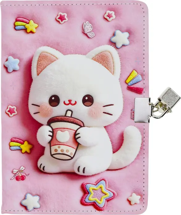 Carnet Plush cu Lacat Metalic si Cheie, Design Pisici Roz cu Pisica 3D, Bubble Tea, Stele si Curcubeuri, Jurnal cu Coperta Moale