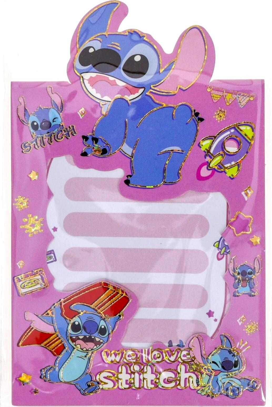 Carnet Mini Disney Stitch, Coperta din PVC Plastic Roz cu Accente de Folie Aurie si Die-Cut in Forma de Capul Stitch, Caiet de Note Sursuri