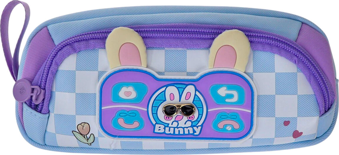 Husa pentru creioane scolare cu urechi 3D Bunny, model carouri albastru si purpuriu, cu fermoar si bucla de transport