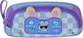 Husa pentru creioane scolare cu urechi 3D Bunny, model carouri albastru si purpuriu, cu fermoar si bucla de transport