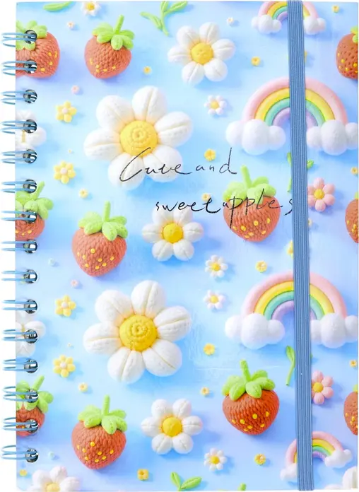 Caiet cu spirala Cute and Sweet Apples cu elemente 3D din silicon cu capstrawberries margarete si curcubeue si banda elastica de inchidere
