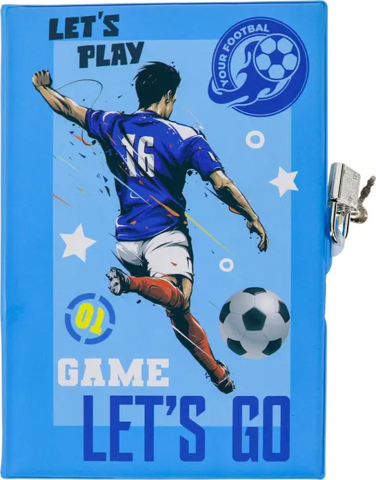 Carnet cu Lock Metalic si Cheie Tema Fotbal, Coperta Albastra cu Ilustratie Jucator de Fotbal, Design Let's Play, Jurnal Secret pentru Copii