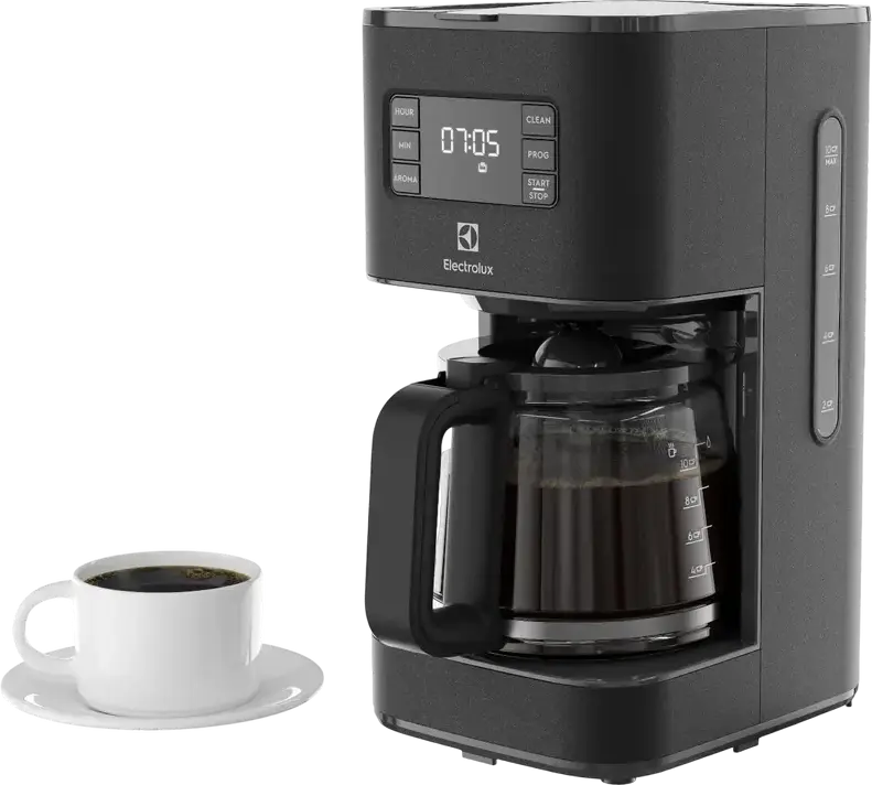 Cafetiera Electrolux E5CM1-6AN cu Filtru, 1080W, Rezervor Apa 1.37L, Capacitate 10 Cani, Programare Digitala, Inox si Plastic, Negru
