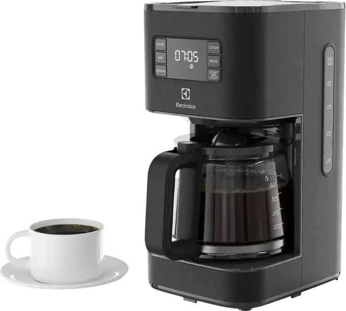 Cafetiera Electrolux E5CM1-6AN cu Filtru, 1080W, Rezervor Apa 1.37L, Capacitate 10 Cani, Programare Digitala, Inox si Plastic, Negru