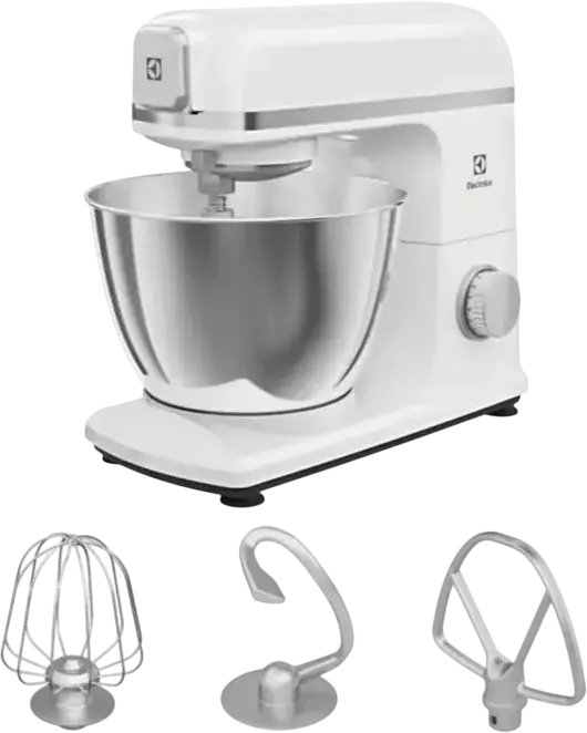 Electrolux E5KM1-4SWB Planetary Stand Mixer, 1200W, 5L Stainless Steel Bowl, 6 Speed Levels, Pulse and Turbo Modes, White, Set of 3 Accessories