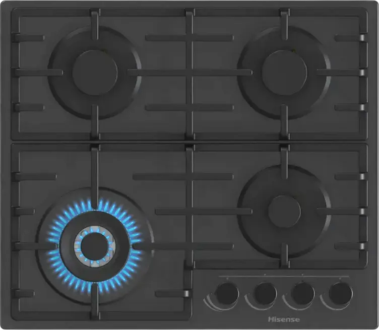 Встраиваемая газовая варочная панель Hisense GG663B, 4 конфорки с WOK, черное стекло, чугунные решетки, 60 см, газ-контроль, электроподжиг