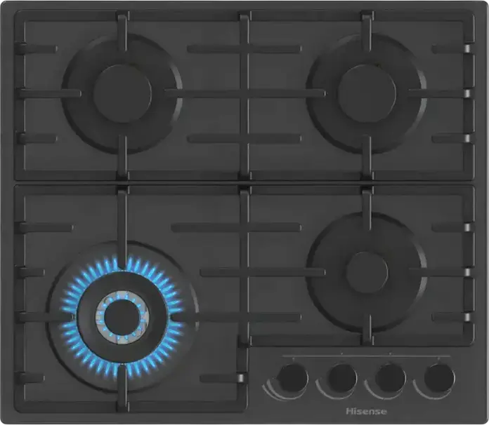 Встраиваемая газовая варочная панель Hisense GG663B, 4 конфорки с WOK, черное стекло, чугунные решетки, 60 см, газ-контроль, электроподжиг