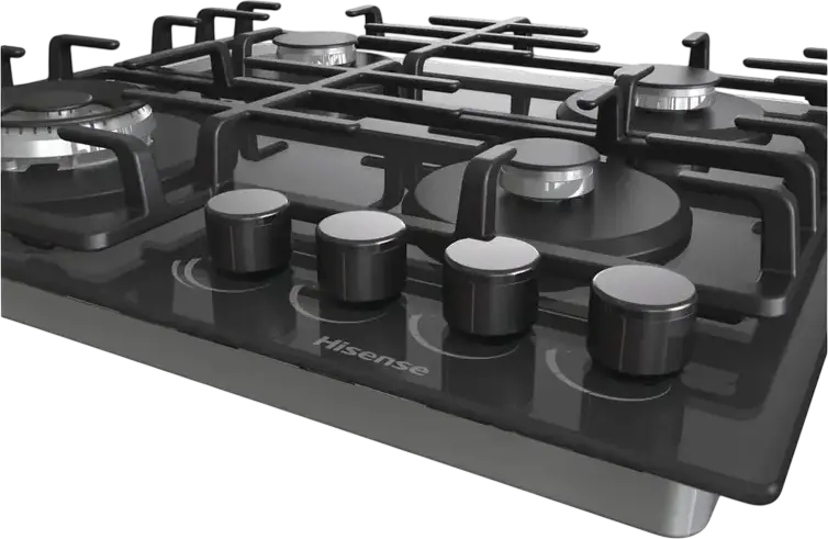 Встраиваемая газовая варочная панель Hisense GG663B, 4 конфорки с WOK, черное стекло, чугунные решетки, 60 см, газ-контроль, электроподжиг