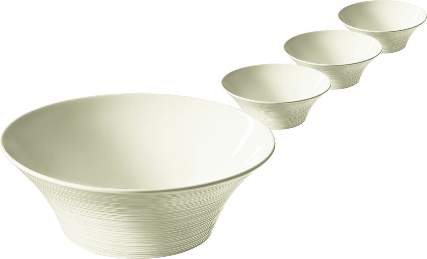 VEGA LUSINI Solutions GmbH Bowl  Skyline Schale Skyline Bowl  Skyline; 550 ml, 20x7 cm (ØxH); cream white; round; 4 piece / pack Schale Skyline; 550 ml, 20x7 cm (ØxH); cremeweiß; rund; 4 Stück / Pack Cream colored bone china bowl with relief. Modern design. High resistance. Brilliant glaze. Dishwasher safe and microwaveable. Cremefarbene Schale aus Bone-China mit Relief. Modernes Design. Hohe Widerstandsfähigkeit. Brillante Glasur. Spülmaschinenfest und mikrowellengeeignet.
