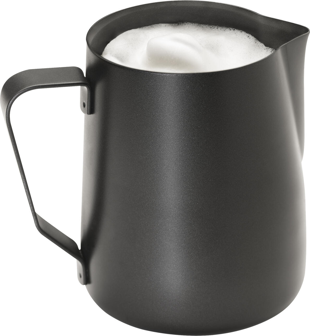 APS Assheuer + Pott Stainless Steel Milk Jug, 600 ml, Black, Round Shape, Non-Stick Coating, Non-Drip Spout for Latte Art, Professional Gastronomy and Home Use, Dishwasher Safe