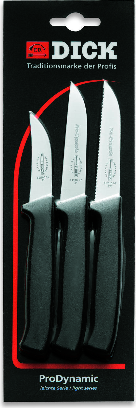 Set de 3 cuțite de bucatărie F. Dick ProDynamic, oțel inoxidabil X55CrMo14, mâner negru antiderapant, include cuțit crestat 9cm, cuțit bucatărie 7cm și cuțit de curățat 5cm