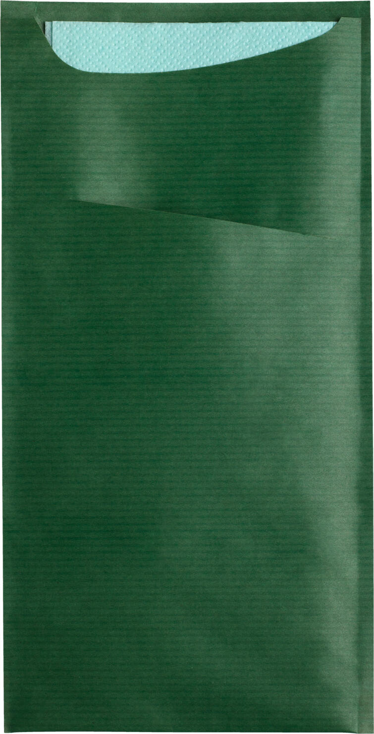 Set de 100 piese saculeti pentru tacuturi Garcia De Pou Besta Just in Time cu servetele 2 straturi, hartie kraft gofrata verde, sachet 11.2x22.5 cm, serveta 33x40 cm