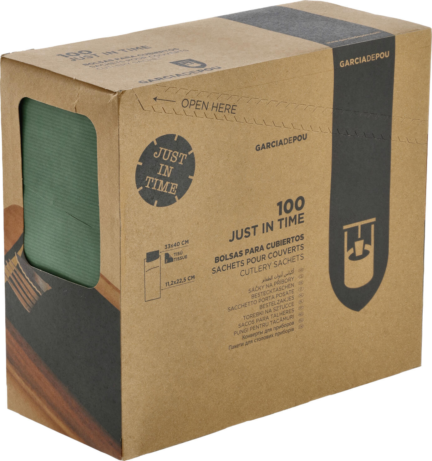 Set de 100 piese saculeti pentru tacuturi Garcia De Pou Besta Just in Time cu servetele 2 straturi, hartie kraft gofrata verde, sachet 11.2x22.5 cm, serveta 33x40 cm