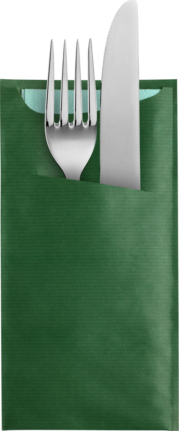 Set de 100 piese saculeti pentru tacuturi Garcia De Pou Besta Just in Time cu servetele 2 straturi, hartie kraft gofrata verde, sachet 11.2x22.5 cm, serveta 33x40 cm