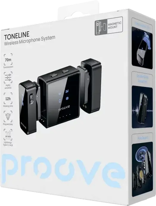 Proove ToneLine Wireless Lavalier Microphone System, Set of 2 Omnidirectional Mics with Charging Case, Noise Reduction, 70m Range, Black