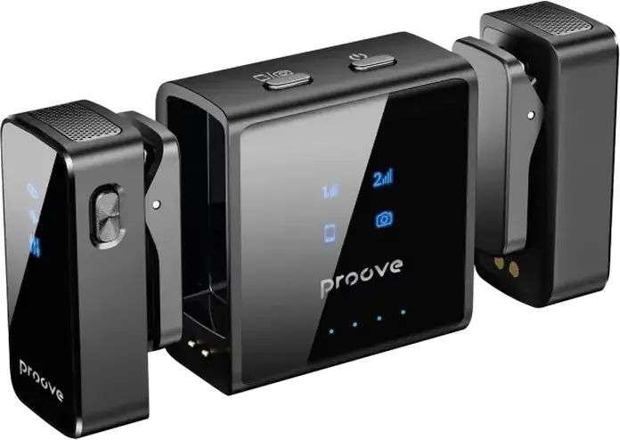 Proove ToneLine Wireless Lavalier Microphone System, Set of 2 Omnidirectional Mics with Charging Case, Noise Reduction, 70m Range, Black
