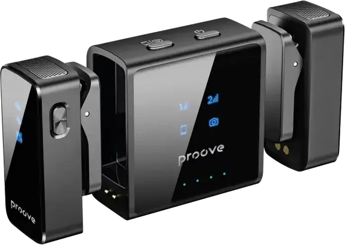 Proove ToneLine Wireless Lavalier Microphone System, Set of 2 Omnidirectional Mics with Charging Case, Noise Reduction, 70m Range, Black