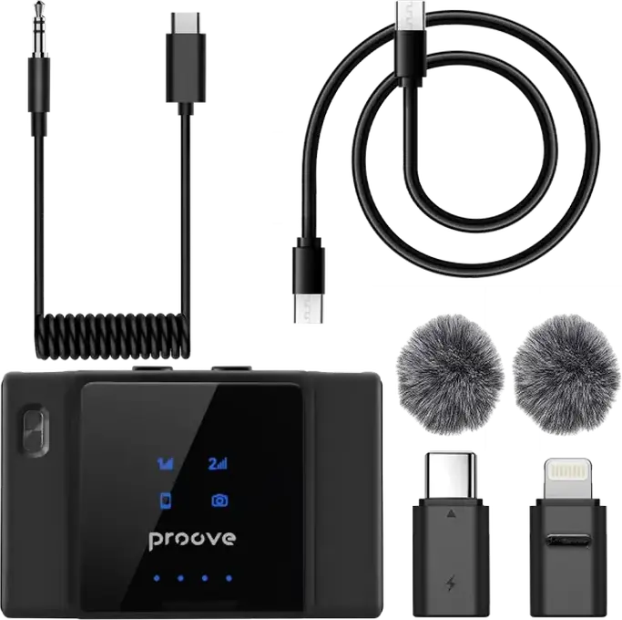 Proove ToneLine Wireless Lavalier Microphone System, Set of 2 Omnidirectional Mics with Charging Case, Noise Reduction, 70m Range, Black