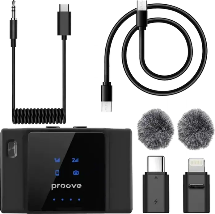 Proove ToneLine Wireless Lavalier Microphone System, Set of 2 Omnidirectional Mics with Charging Case, Noise Reduction, 70m Range, Black