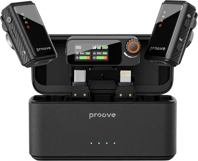 Proove Forum Pro Wireless Lavalier Microphone System with AI Noise Cancellation, 100m Range, Internal Recording, Charging Case, Black