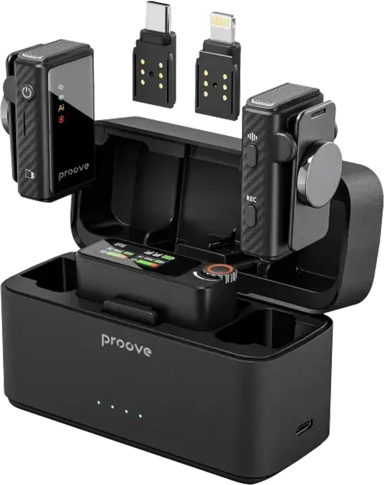 Proove Forum Pro Wireless Lavalier Microphone System with AI Noise Cancellation, 100m Range, Internal Recording, Charging Case, Black