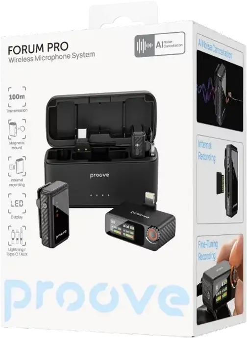Proove Forum Pro Wireless Lavalier Microphone System with AI Noise Cancellation, 100m Range, Internal Recording, Charging Case, Black