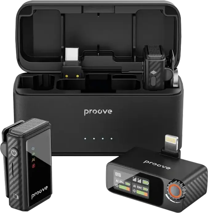 Proove Forum Pro Wireless Lavalier Microphone System with AI Noise Cancellation, 100m Range, Internal Recording, Charging Case, Black