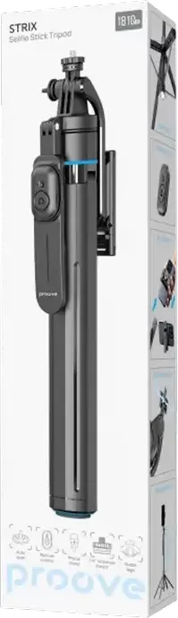 Proove Strix Bluetooth Selfie Stick Tripod, 115 cm Extended Length, ABS and Aluminum, Integrated Tripod with Remote Shutter, Black