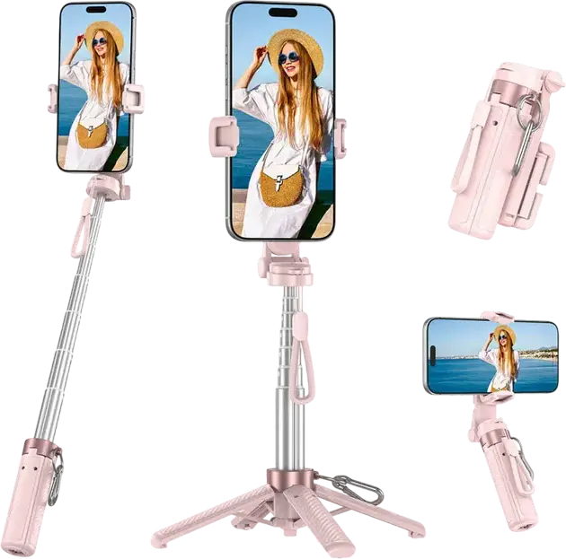 XO SS29 Portable Tripod and Selfie Stick, Pink, 64cm Extended Length, Aluminum and ABS, Bluetooth Remote, Carabiner Clip, Foldable Carbon Fiber Texture