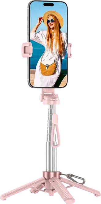 XO SS29 Portable Tripod and Selfie Stick, Pink, 64cm Extended Length, Aluminum and ABS, Bluetooth Remote, Carabiner Clip, Foldable Carbon Fiber Texture
