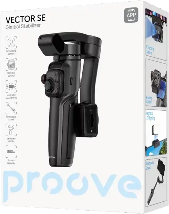 Proove Vector SE Gimbal Stabilizer and Selfie Stick, AI Tracking, Gesture Control, Bluetooth Remote, LED Light, 115 cm Max Length, Black