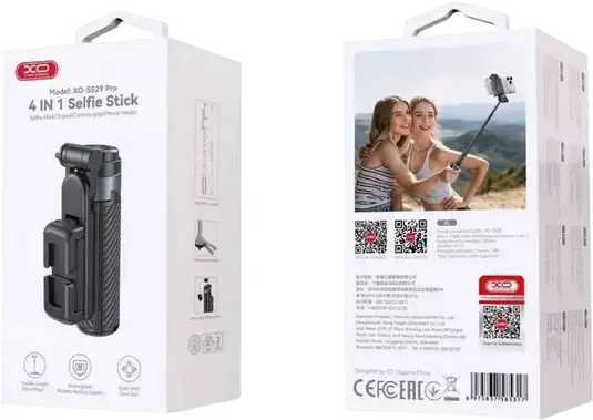 Tripod Portabil si Selfie Stick XO SS29, Negru, Lungime Extinsa 64cm, Aluminiu si ABS, Telecomanda Bluetooth, Clip Carabiner, Pliabil cu Textura Fibra de Carbon