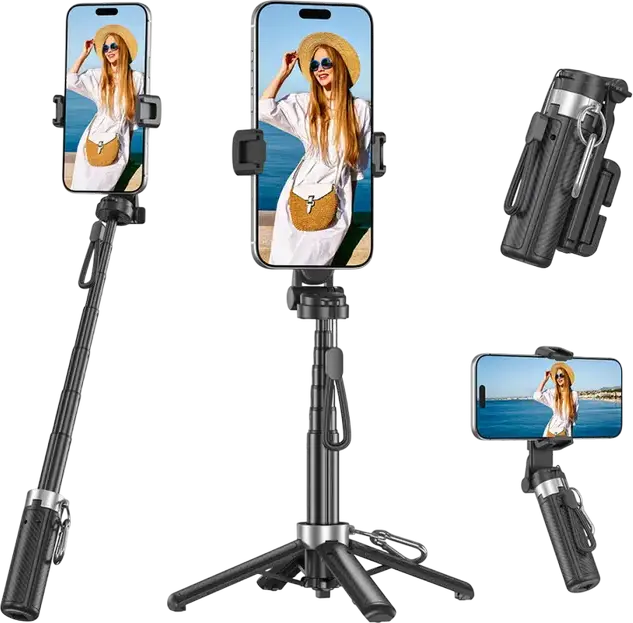 Tripod Portabil si Selfie Stick XO SS29, Negru, Lungime Extinsa 64cm, Aluminiu si ABS, Telecomanda Bluetooth, Clip Carabiner, Pliabil cu Textura Fibra de Carbon
